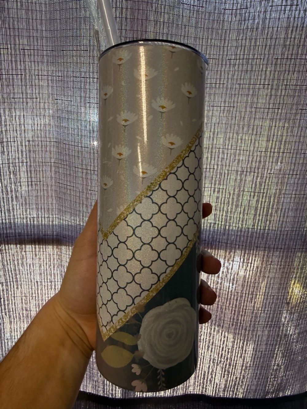 Silver Floral 20oz Insulated Travel Tumbler - Stainless Straw